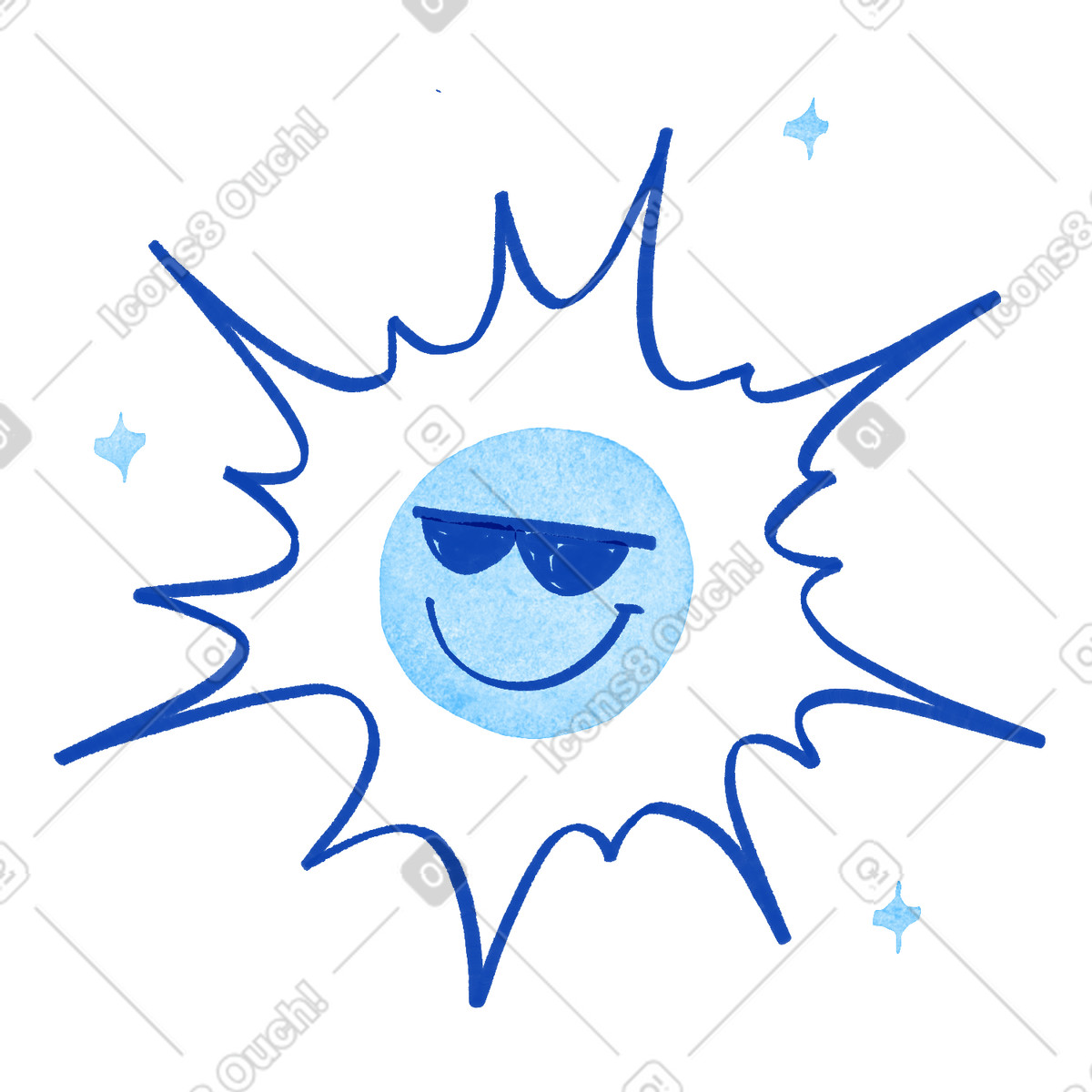 Ilustração de Sun character wearing sunglasses with big smile and radiating rays em no estilo Tint para baixar em PNG, SVG