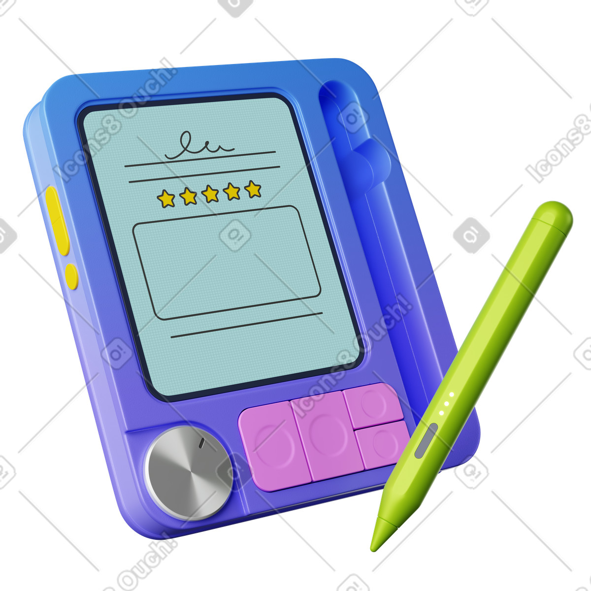 下载 3D Plastic 风格的 Tablet review screen with stylus and five star rating interface 插画，支持 PNG、SVG 格式