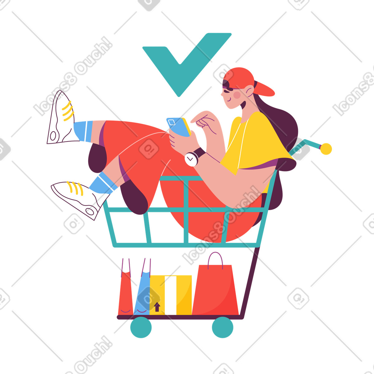 Sammy 스타일의 Customer shopping on mobile phone in cart, Online convenience 애니메이션 일러스트레이션 GIF, Lottie(JSON), AE로 다운로드