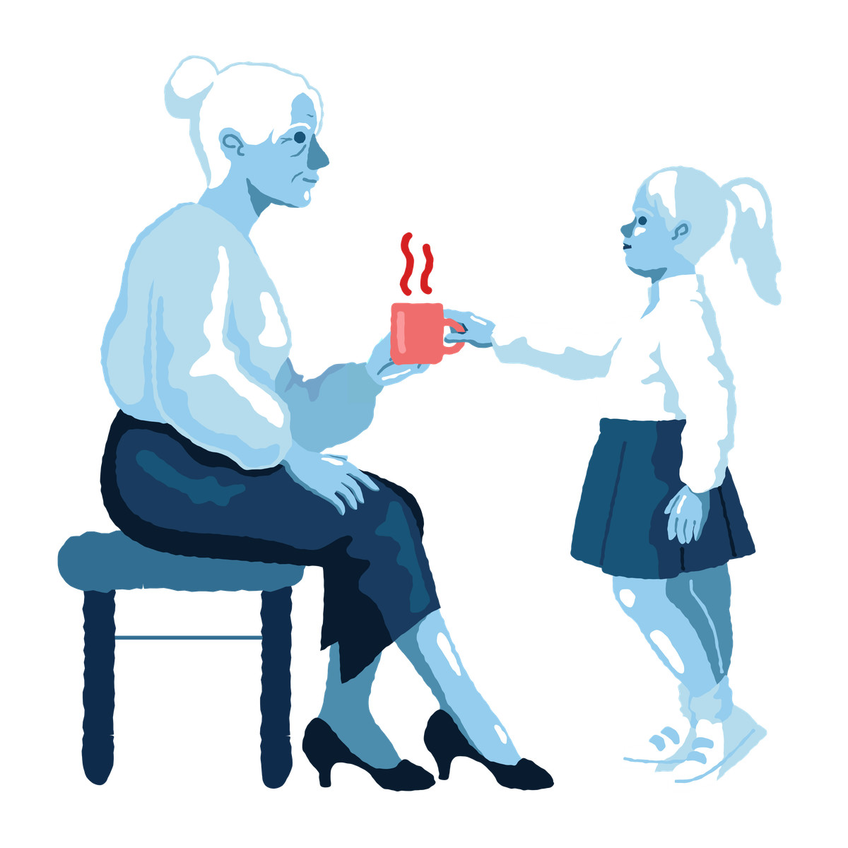 Cherry スタイルの Girl bringing a cup of tea to grandma のイラストをPNG、SVG形式でダウンロード