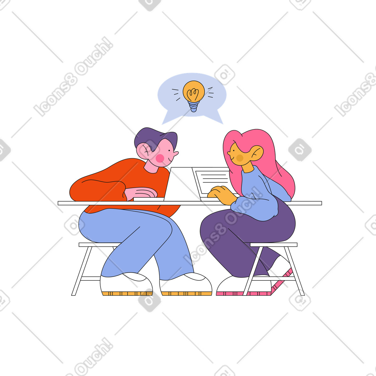 Uomo e donna che generano idee insieme illustrazione animata in stile Bloom scaricabile in GIF, Lottie (JSON), AE