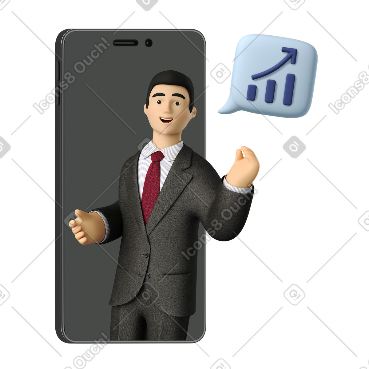 Uomo che parla di statistiche su una riunione lavoro online illustrazione in stile 3D Business scarica in PNG, SVG