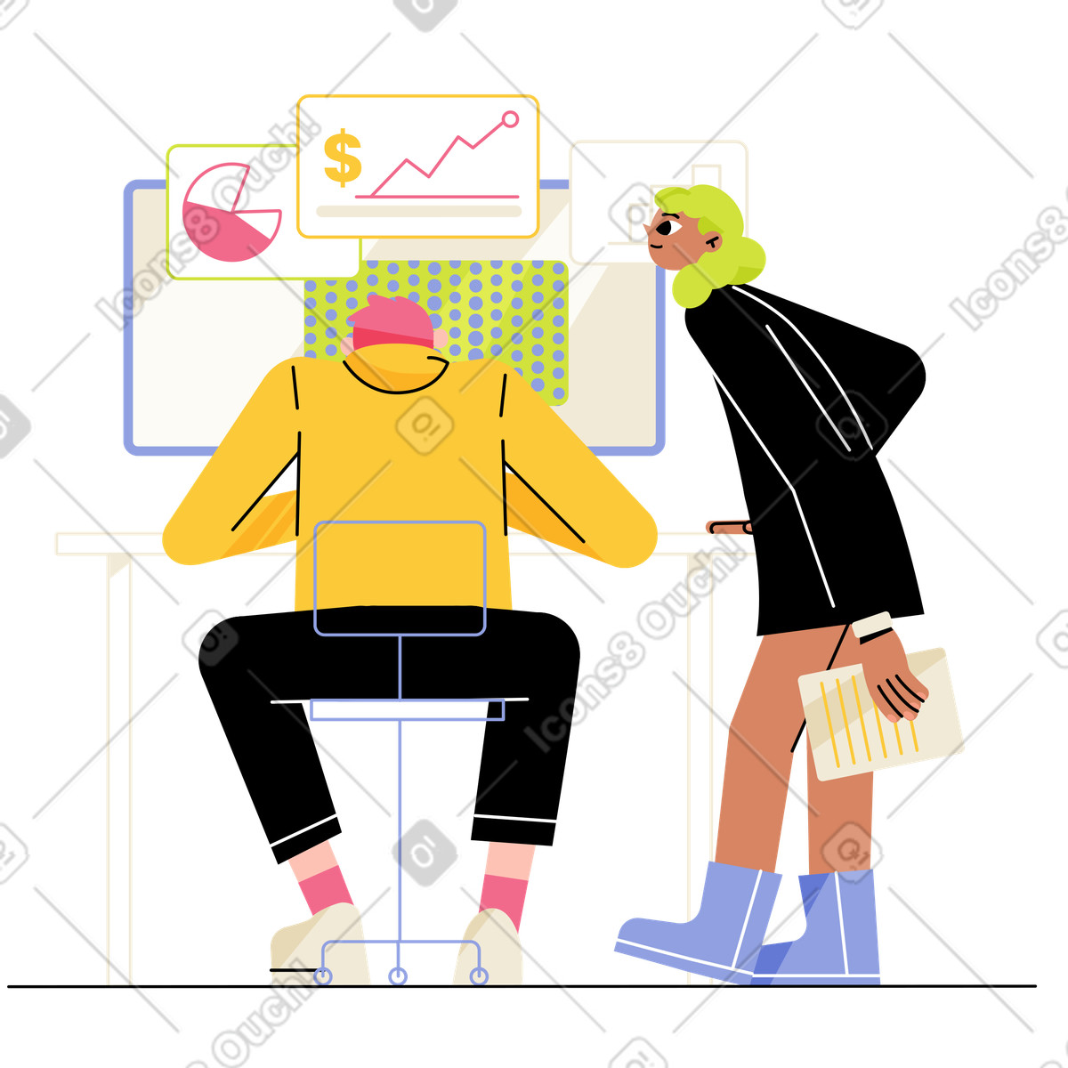 Juicy スタイルの 女の子と男の子はグラフと図を分析します のイラストをPNG、SVG形式でダウンロード