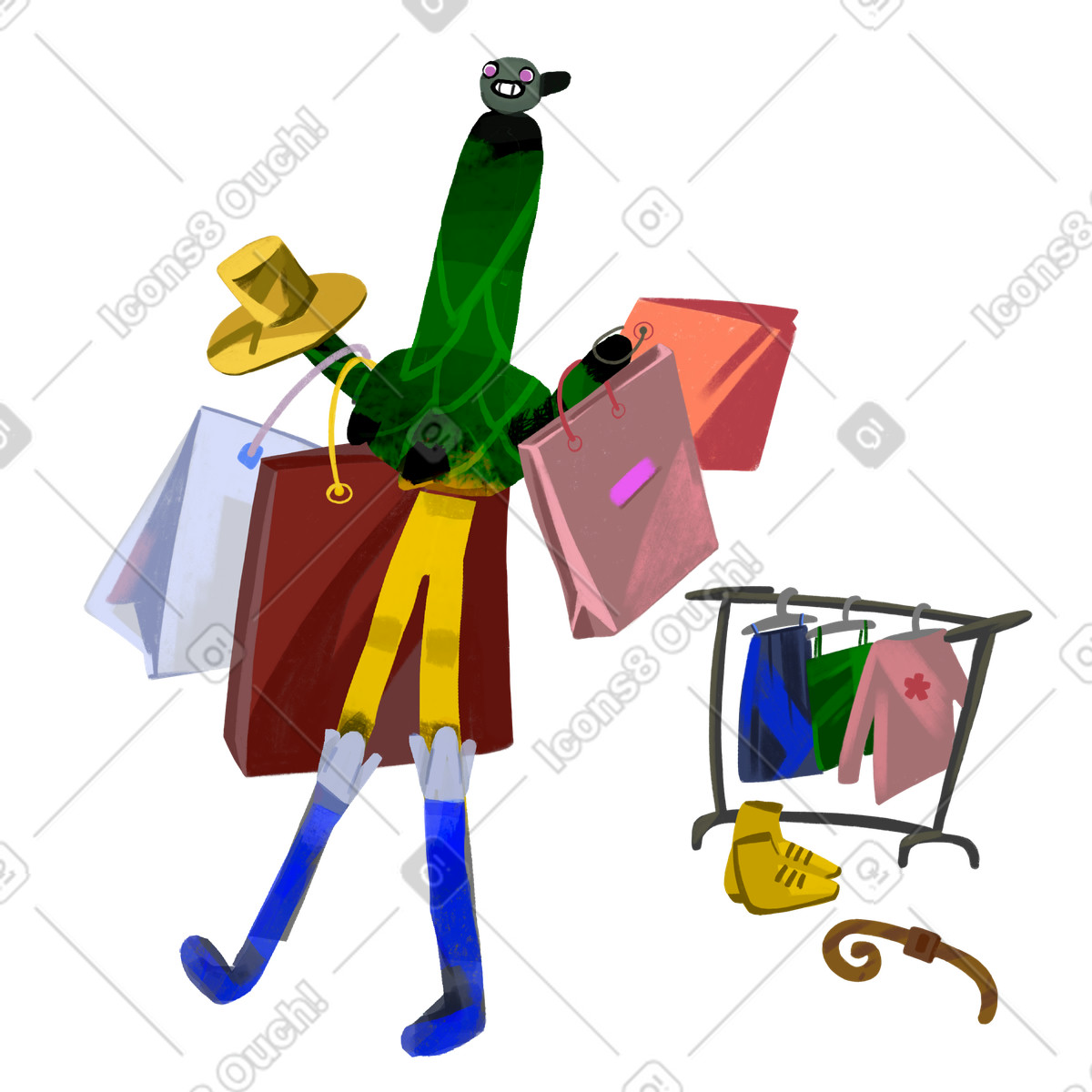 Atomic スタイルの Character carrying shopping bags with clothes, Fashion sale and retail therapy のイラストをPNG、SVG形式でダウンロード
