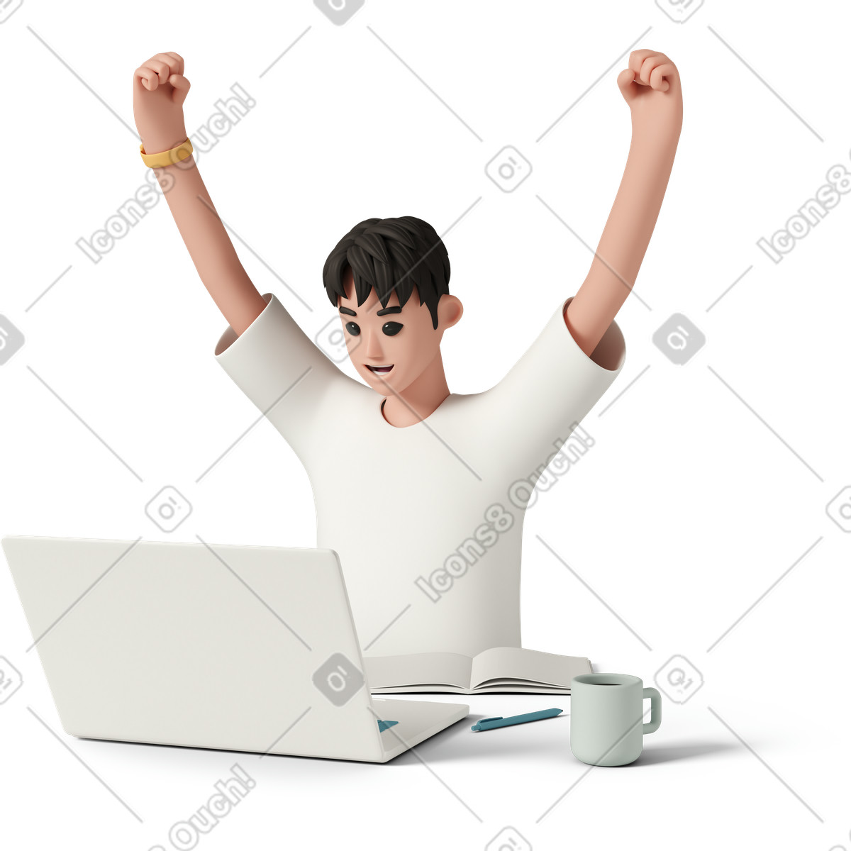 下载 3D Casual life 风格的 Happy smiling young man with laptop celebrating success 插画，支持 PNG、SVG 格式