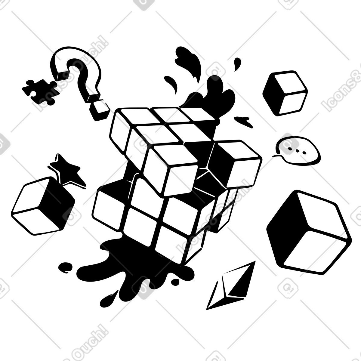 Rubik's cube with abstract elements as creative problem solving process illustration in Line style download in PNG, SVG