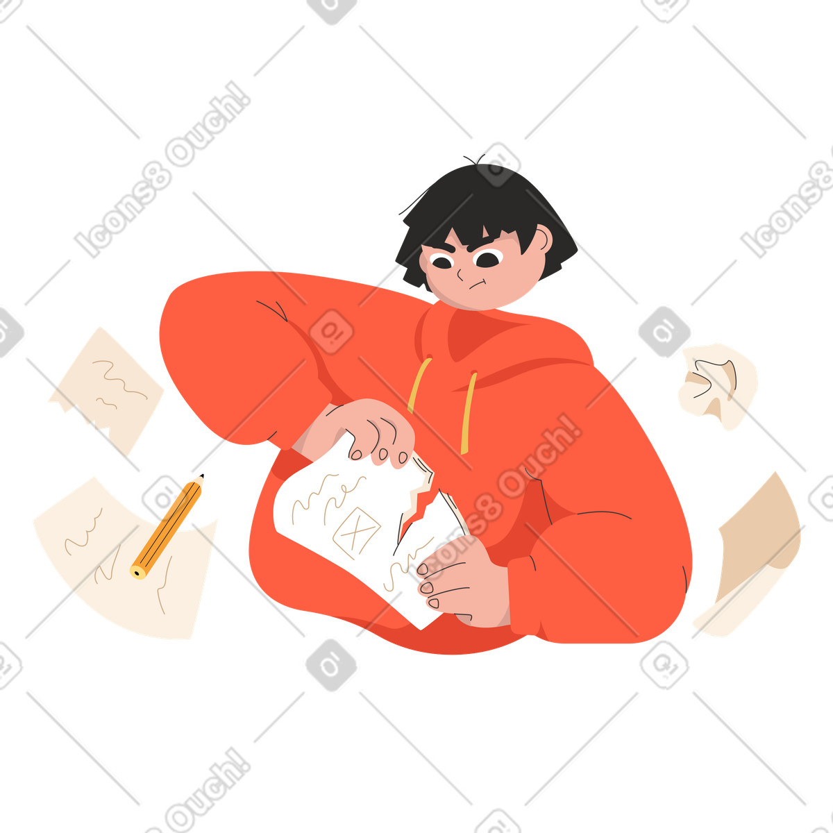 Illustration Fille aux cheveux courts en colère sweat à capuche rouge déchire le papier dans style Dizzy télécharger formats PNG, SVG