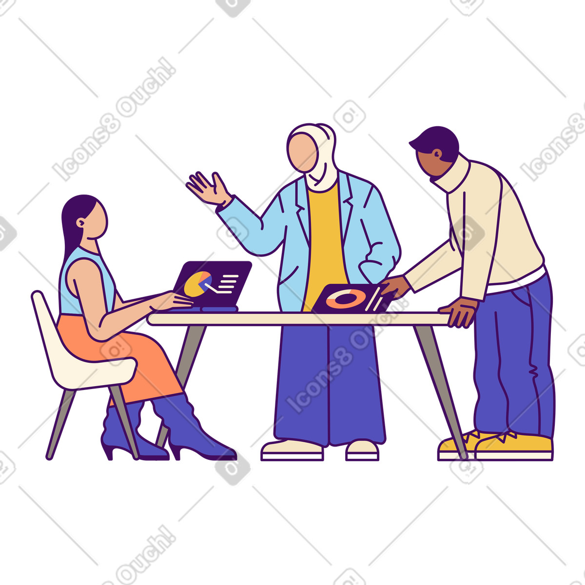Illustration Professionals meeting over analytics reports, project planning and teamwork dans le style Simplistic à télécharger aux formats PNG, SVG