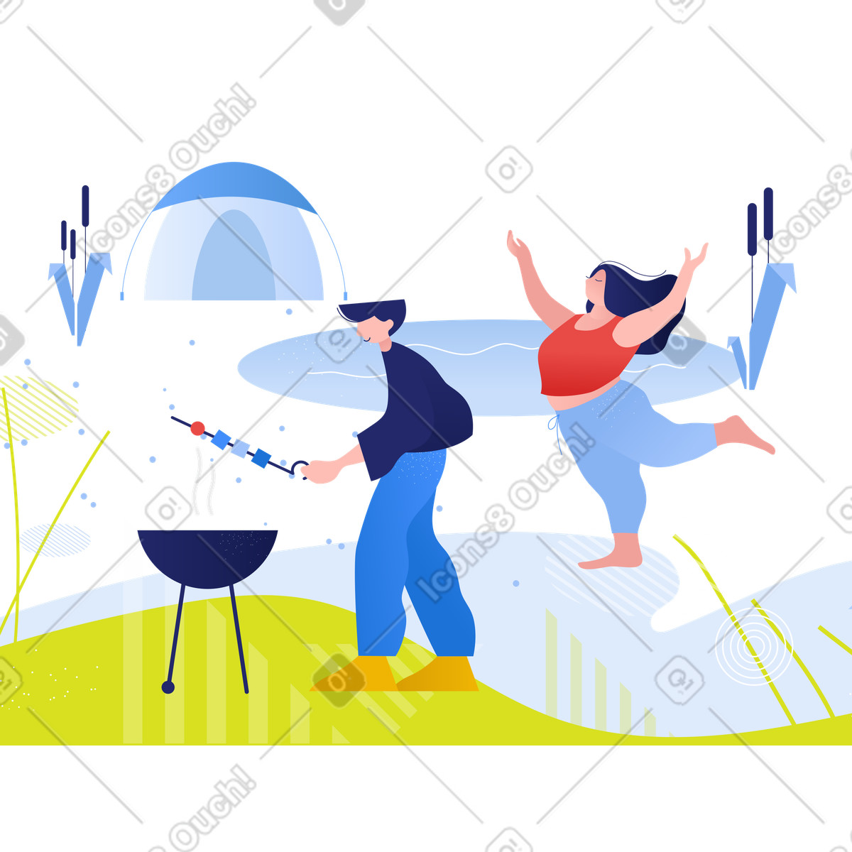 Illustration Homme grillant et femme dansant au camping dans le style Clip à télécharger aux formats PNG, SVG