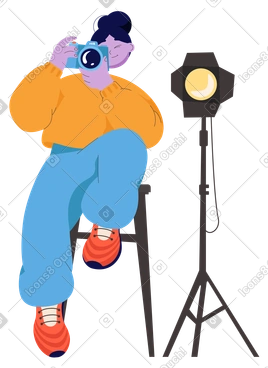 Girl with a camera and a spotlight taking pictures PNG, SVG