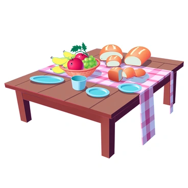 A rustic wooden table with a warm brown finish, covered in a checkered tablecloth. A variety of colorful fruits, including ripe red apples, yellow bananas, and green grapes, are artfully arranged in a woven basket at the center. Loaves of freshly baked bread, with a golden crust and fluffy interior, are placed nearby, some sliced to reveal their soft texture. Soft, diffused lighting casts gentle shadows across the table, enhancing the inviting atmosphere of a cozy meal setting. A few plates and cups are scattered around, suggesting a gathering of friends or family.