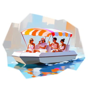 A water taxi with passengers dressed stylishly, sipping drinks under a striped canopy