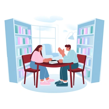 Inside a library, two friends are seated at a wooden table surrounded by tall shelves filled with books. One friend is leaning slightly forward, attentively listening to the other friend, who is leaning back with a hand raised, as if sharing a secret. Soft light filters through large windows, casting gentle shadows on the floor. The atmosphere is calm and serene, with the warm tones of the wooden furniture and the colorful book covers adding to the cozy ambiance. A stack of books is placed on the table, and a quiet reading corner is visible in the background, with a large armchair and a small lamp.