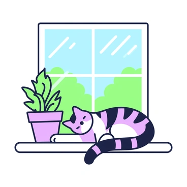 A tabby cat is peacefully napping on a windowsill, its body curled comfortably. The cat has distinct stripes on its fur, showcasing a pattern of alternating shades. Sunlight streams in through the window, casting soft shadows around the cat. A few potted plants are placed on the windowsill beside the cat, with green leaves gently swaying. Outside the window, a clear blue sky is visible along with the outline of treetops swaying in the breeze.