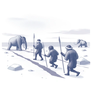 A group of human hunters is depicted carefully navigating across a vast, icy plain. The hunters are dressed in warm, fur-lined clothing, with hoods covering their heads and hands gripping traditional spears. Their expressions are focused and determined as they scan the horizon. In the distance, several large mammoths are visible, their thick fur standing out against the snow-covered landscape. The ground is blanketed in deep white snow, with rugged ice formations scattered throughout. The sky above is overcast, adding a sense of urgency to the scene. The hunters are positioned in a way that suggests they are coordinating their approach towards the mammoths.