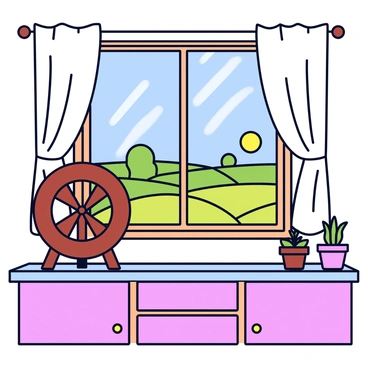 A quaint farmhouse kitchen with rustic wooden cabinets and a worn countertop. Next to a window with sheer white curtains, there is a spinning wheel made of dark wood. The window overlooks a sunny farm landscape with green fields and a vibrant blue sky. Sunlight streams into the kitchen, casting soft shadows on the floor. A small pot of herbs sits on the windowsill, adding a touch of greenery to the scene.