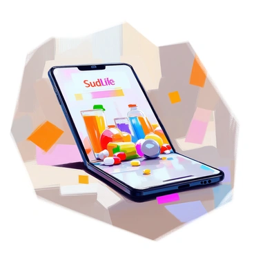 A smartphone device lying flat on a wooden table is displaying a digital illustration for SudLife sales. The screen features a vibrant, eye-catching graphic showcasing various healthy lifestyle products, including colorful smoothies, fitness gear, and wellness supplements. The SudLife logo is prominently displayed at the top of the screen in bold letters. The background of the image includes subtle shadows and reflections that indicate the sleek design of the smartphone.