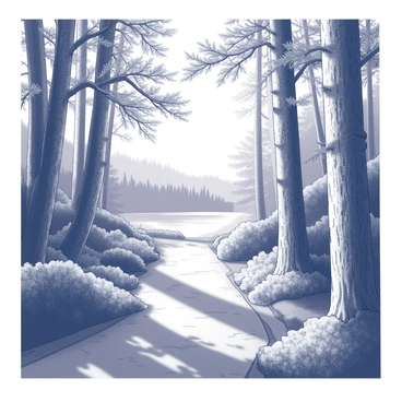 A pathway winding through a dense forest. The trail is bordered by tall trees with intricate bark textures and leafy branches extending overhead. Sunlight filters through the foliage, casting dappled light patterns on the ground. In the distance, a tranquil lake is partially visible, surrounded by lush vegetation. The scene captures the essence of a secluded natural retreat, inviting viewers to explore further.