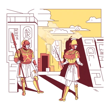 Two guards are standing watch at the grand gates of Nineveh, wearing ornate armor that gleams in the sunlight. Each guard holds a spear firmly in one hand while their other hand is resting on their hip. The gates are large and intricately carved, showcasing various ancient symbols and motifs. The guards have focused expressions, their eyes scanning the surroundings to ensure vigilance. The sky above them is clear with a warm hue, and the architecture of the surrounding walls is impressive, made of stone featuring detailed engravings.