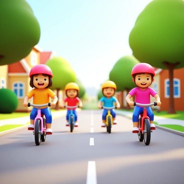 A group of children riding colorful bicycles on a quiet neighborhood street. Each child is wearing a bright helmet for safety. The street is lined with well-kept houses and green trees, casting soft shadows on the pavement. One child is performing a trick, lifting the front wheel of their bike. Another child is laughing joyfully as they race ahead. The sun is shining, creating a warm and cheerful atmosphere.