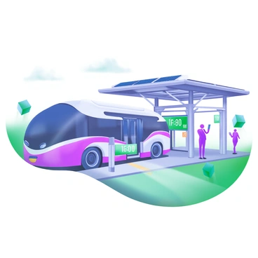 A futuristic bus with a sleek, aerodynamic design is arriving at a modern smart bus station. The bus features smooth curves and a shiny metallic surface, reflecting the surrounding environment. Passengers are seen waiting at the station, which is equipped with digital information screens displaying arrival times. The station has a transparent roof and is surrounded by lush greenery, with solar panels integrated into its design. A few people are boarding the bus while others are checking their devices, adding to the scene of advanced technology and efficiency.