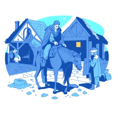 A blue weary traveler is dismounting from a tired brown horse in front of a rustic village tavern. The tavern has wooden beams and a thatched roof, with a warm glow emanating from the windows. The traveler wears a weathered cloak and has a travel bag slung over one shoulder. The horse looks fatigued, with its ears drooping and mane slightly disheveled. Surrounding the scene are cobblestone paths and a few villagers observing the arrival with curious expressions.