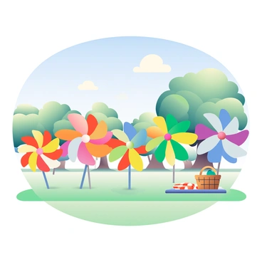A collection of colorful pinwheels is arranged in a circular formation to create a vibrant rainbow pattern in a grassy park. Each pinwheel has distinct hues of red, orange, yellow, green, blue, and purple, spinning gently in the breeze. The park features a clear blue sky above, with a few fluffy white clouds visible. In the background, there are trees with lush green leaves, and a picnic blanket with a basket can be seen nearby. The scene is lively and full of movement, capturing the essence of a sunny day in the park.