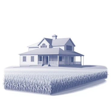 A farmhouse with a classic gabled roof is situated in the background. It features a front porch with railings and several windows, giving it a welcoming appearance. In the foreground, a cornfield stretches across the landscape, with tall cornstalks standing upright and creating a textured pattern. The sky above is expansive, providing an open feel to the scene.
