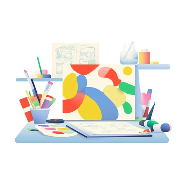 An artist's desk is filled with a variety of paint tubes in vibrant colors, including red, blue, yellow, and green. Several brushes of different sizes are scattered around, some with paint on the bristles. In the center of the desk, there is a colorful canvas in progress, featuring abstract shapes and splashes of color. The background includes a small palette with mixed colors and a jar of water for cleaning brushes. A sketchbook lies open next to the canvas, showcasing preliminary drawings for future artworks. A soft light illuminates the scene, highlighting the textures of the paints and brushes.