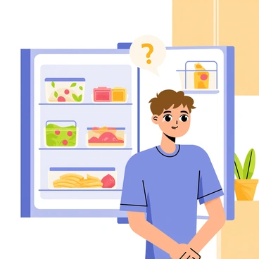 A character with short brown hair, wearing a bright blue t-shirt, stands in front of an open fridge. The fridge is filled with various clear containers of colorful leftovers, including a green salad, a piece of pizza, and some pasta. The character has wide eyes and a slightly open mouth, indicating confusion and hunger. A thought bubble above their head includes a question mark, emphasizing their indecisiveness. The kitchen is decorated with wooden cabinets and a small potted plant on the counter nearby.