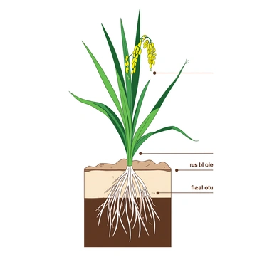 A duotone illustration of a rice plant in cross-section. The plant is depicted with green stems and long, slender leaves extending upward. Below the soil surface, the roots are visible, spreading out in various directions, showcasing a network of fine, white root hairs. At the top of the plant, clusters of yellow grains are formed, hanging from the leaf axils. Each section of the rice plant is labeled clearly to indicate the different parts, including the roots, stems, and grains.