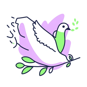 A dove is flying gracefully, its wings outstretched. In its beak, it holds an olive branch, symbolizing peace and hope. The dove has a smooth, sleek body, and its feathers are depicted with fine details. Below the dove, there is a gentle curve of a branch, adorned with several leaves. The background features a soft, undefined space that does not distract from the main subjects.