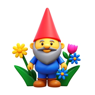 A charming clay garden gnome with a red hat stands proudly among colorful flowers. The gnome has a detailed beard and a cheerful expression. The flowers are vibrant, featuring a variety of colors such as yellow, blue, and pink. The gnome is surrounded by lush green leaves, enhancing the garden setting. The overall scene is bright and inviting.
