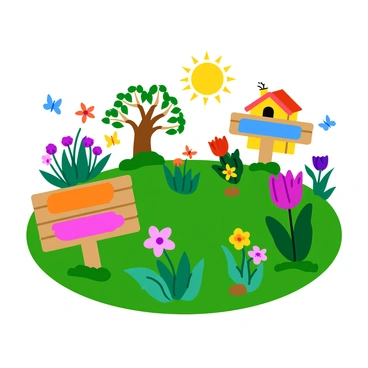 A whimsical garden filled with vibrant flowers in various colors. The garden features signs made from repurposed wooden pallets, each creatively painted and labeling different plants. There are playful elements such as a small birdhouse hanging from a tree branch and colorful butterflies fluttering around. The sun casts a warm glow over the scene, enhancing the cheerful atmosphere. Each plant has its own unique shape and size, contributing to the garden's lively character.