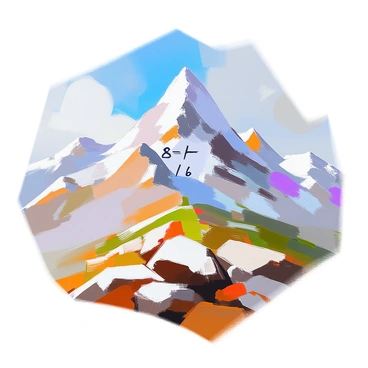 A majestic mountain range featuring towering peaks, each distinct and crisp against the sky. The highest peak is prominently labeled with the fraction "8/6," elegantly designed in bold lettering. Surrounding the peaks, varying shades of green represent the lush slopes, while patches of white snow cap the summits. The sky above is a clear blue, with a few wispy clouds scattered throughout. The foreground includes rocky terrain leading up to the mountains, emphasizing their grandeur and scale.