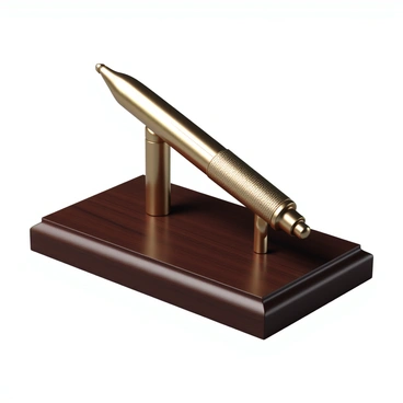 A luxury pen with a shiny metallic finish, featuring intricate engravings along its body. The pen is resting on an elegant stand made of polished wood, which showcases its sleek design. The wooden desk has a smooth, dark surface, highlighting the contrast between the metal and wood. The overall scene exudes sophistication and refinement, emphasizing the luxury of the pen and its display.