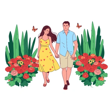 A couple is walking hand in hand through a botanical garden filled with various colorful flowers. The woman has long, flowing hair and is wearing a yellow sundress with floral patterns. The man is wearing a light blue shirt and khaki shorts. Around them, there are vibrant red and orange flowers blooming in neat rows. Tall green plants provide a lush backdrop, and butterflies are fluttering about, adding to the lively atmosphere of the garden.