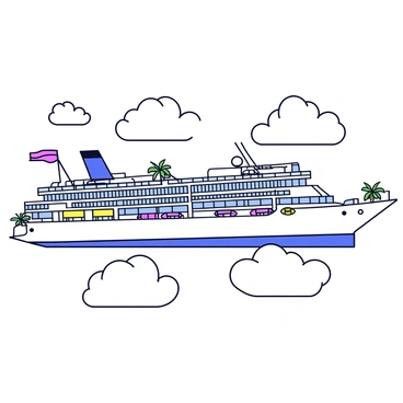 A large cruise ship is floating among fluffy white clouds. The ship has elegant decks with smooth lines and large windows. There are several levels, each with outdoor seating areas adorned with tropical plants. Along the decks, there are hidden challenges, such as ropes and ladders that lead to small nooks. The ship's side has lifebuoys with bright colors and a flag waving gently in the breeze.