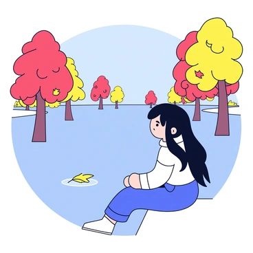 A girl named Kanako is sitting by a lake. She has long, dark hair and is wearing a cozy sweater. The water of the lake is calm and reflects the blue sky. Surrounding her are tall trees with vibrant autumn leaves in shades of red, orange, and yellow. There are a few leaves floating gently on the surface of the lake. Kanako is looking at the water, and the scene has a peaceful atmosphere.