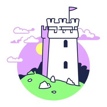 A lone castle tower rises tall against the evening sky, its outline stark and defined. The tower features a rounded top with battlements, creating an imposing silhouette. Surrounding the base of the tower, there are wispy clouds drifting, suggesting the approach of twilight. The ground below slopes gently, with a few scattered rocks and patches of grass. In the background, the sun is setting on the horizon, casting dramatic shadows and lending a sense of depth to the scene.