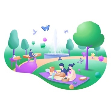 A modern pastel illustration featuring a vibrant garden scene in Montpellier. There are various trees and colorful flowers creating a lush backdrop. Several people are scattered throughout the garden, some sitting on benches, while others are strolling along the pathways. A couple of individuals are seen having a picnic on the grass, surrounded by a picnic blanket and a basket. In the background, there is a fountain gently spraying water, and butterflies are fluttering around, adding a lively touch to the atmosphere.