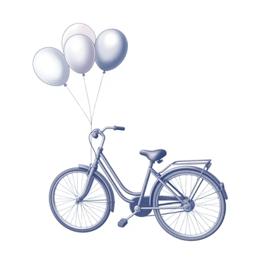 A bicycle with a sleek frame and a classic design. The handlebars are adorned with several colorful balloons, each tied securely and floating gently in the air. The bike features thin tires and a comfortable seat, positioned ready for a ride. The scene captures the playful essence of the bicycle, with the balloons adding a whimsical touch to the overall composition.