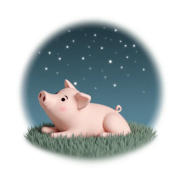 A pig face, characterized by its round snout, floppy ears, and expressive eyes, is resting on a bed of lush green grass. The pig's skin has a light pink hue and a few scattered freckles. It is gazing up towards a clear night sky filled with countless stars twinkling brightly. The backdrop features a deep blue gradient, transitioning into dark shades as it reaches the top, creating a serene atmosphere. The grassy ground beneath the pig is richly textured, with individual blades of grass visible, adding depth to the composition.