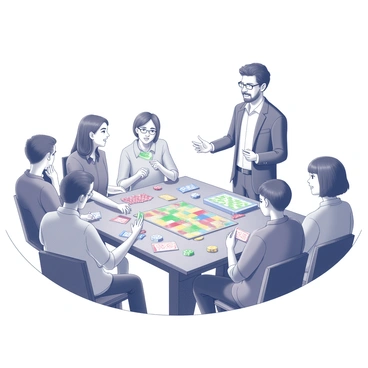 A host stands at a wooden table, animatedly explaining game rules to a group of friends seated around it. The host gestures with one hand, holding a game piece in the other. The friends display eager expressions, leaning in closer to catch every detail. The table is cluttered with various board games, each box partially open, revealing colorful game components. Some friends are holding cards while others have dice in their hands, ready to begin play. The setting has a warm and inviting atmosphere, highlighted by soft lighting that casts gentle shadows on the surface of the table.
