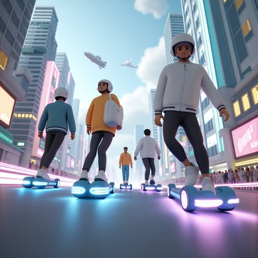 A bustling high-tech city filled with towering skyscrapers, sleek buildings, and vibrant neon lights illuminating the streets. Several people are gliding effortlessly on advanced hoverboards, showcasing a variety of stylish outfits, including futuristic jackets, sleek helmets, and high-tech footwear. The hoverboards have glowing lights and streamlined designs, leaving trails of light as they zip by. In the background, flying vehicles are soaring through the sky, adding to the dynamic atmosphere of the scene. A crowd of onlookers can be seen below, gazing up in awe at the hoverboard riders.