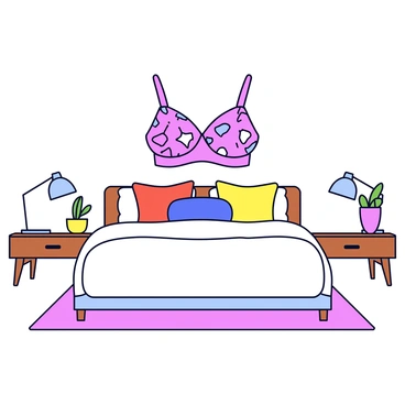 A modern bedroom featuring a large bed with a plush white comforter and colorful accent pillows. Above the bed is an eye-catching piece of wall art shaped like a bra, decorated with vibrant patterns and colors. The walls are painted in a soft pastel hue, complementing the decor. On either side of the bed, there are sleek wooden nightstands holding stylish lamps. A minimalist area rug lies beneath the bed, and a potted plant adds a touch of greenery to the space.