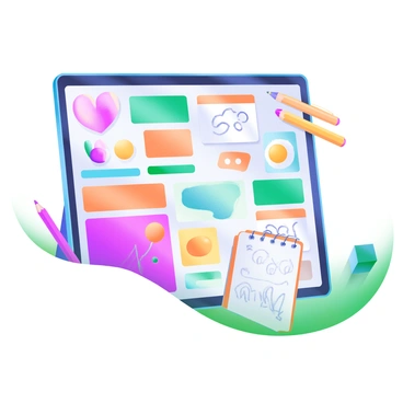 A digital mood board showcasing a variety of colorful elements for an illustration project. The board is divided into sections, each filled with bright hues like coral, teal, and sunny yellow. Various images are displayed, including abstract shapes, playful patterns, and nature-inspired motifs. There are also swatches of color next to sketches, offering a glimpse into potential designs. Stationery items like colored pencils and a notebook are positioned at the edges, inviting creative exploration. The overall composition is lively and visually engaging, inviting the viewer to explore the creative possibilities.