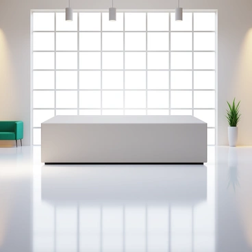A sleek, minimalist coffin with clean lines is displayed in a bright showroom. The coffin features a smooth surface with a modern design. The showroom has polished white floors and ample natural light streaming through large windows. Surrounding the coffin are minimalistic furnishings, enhancing the contemporary aesthetic of the space. The lighting highlights the elegant features of the coffin, creating an inviting atmosphere.