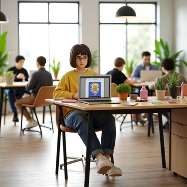 An illustrator with light skin and short brown hair is seated at a wooden desk in a London co-working space. They are focused on their laptop, which displays a colorful book cover design. The workspace around them features modern furniture, with several potted plants and large windows letting in natural light. In the background, a few other individuals are engaged in discussions or working on their laptops. The atmosphere is vibrant and creative, filled with various design tools and materials scattered across the desks.