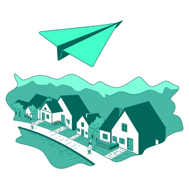 A paper plane traveling above a quaint village with cobblestone streets